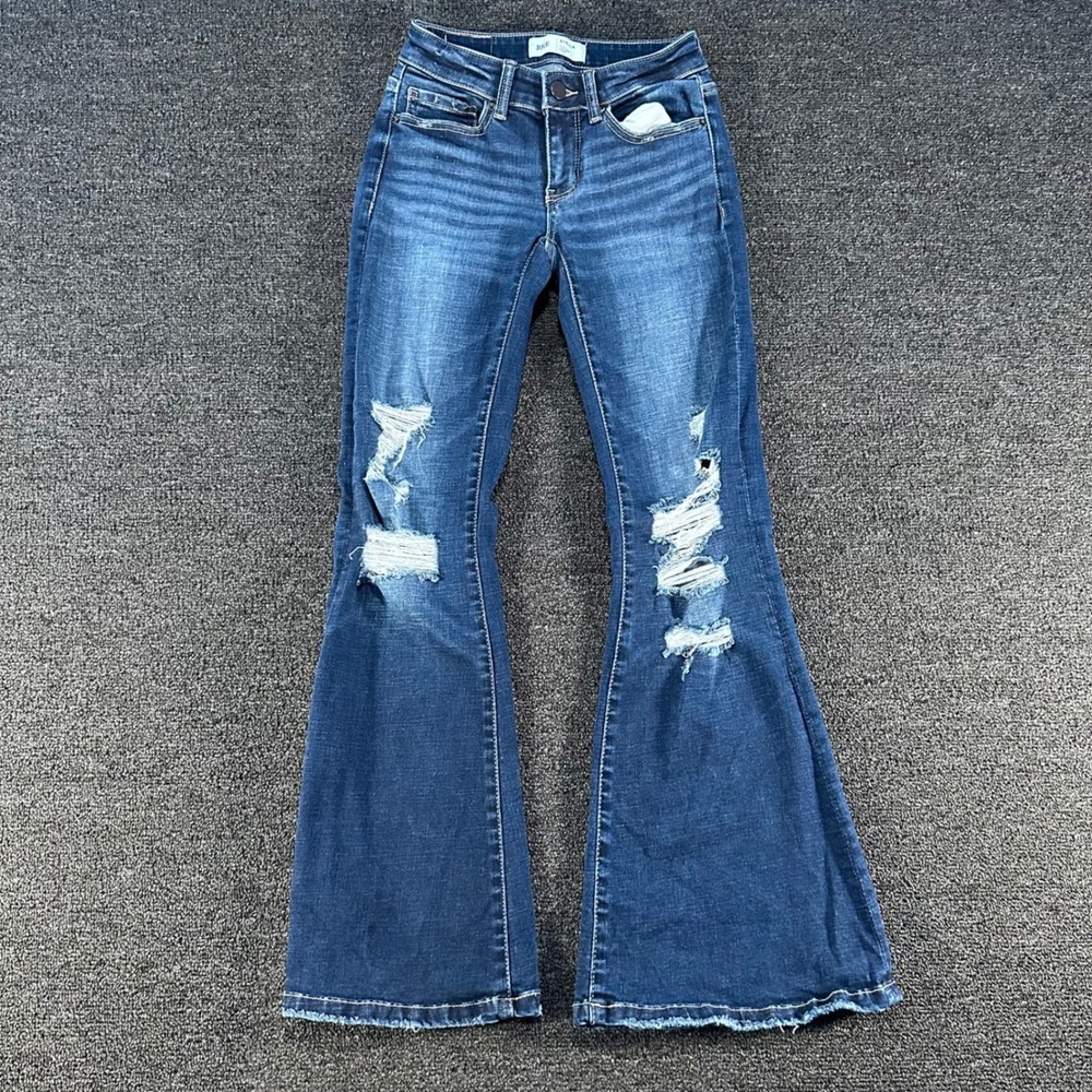 BKE Stella Flare Jeans Womens 23x29.5 Blue Good Distressed Low Rise Slim Fit